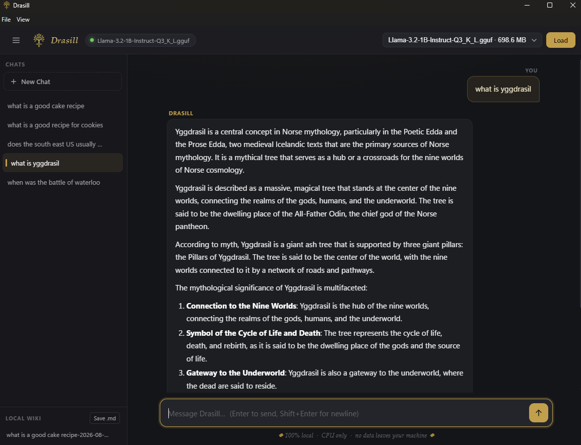 Drasill V1 running a local Llama model in its Windows desktop chat interface